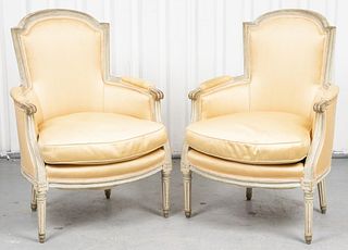 French Louis XVI Manner Bergere Armchairs, Pair