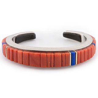 Charles Loloma
(Hopi, 1921-1991)
Silver, Coral, Lapis, and Ironwood Cuff Bracelet, with Gold Accents