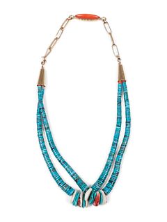 Verma Nequatewa, Sonwai
(Hopi, b. 1946)
Turquoise, Spiny Oyster, Coral, and 18k Gold Necklace