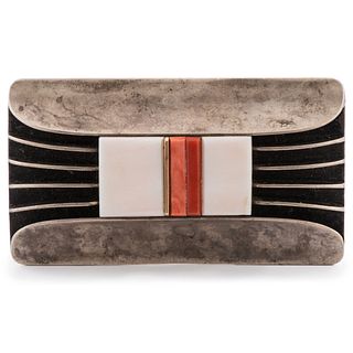 Victor Beck
(Dine, b. 1941)
Silver, Coral, and Shell Belt Buckle, Accented with Gold 