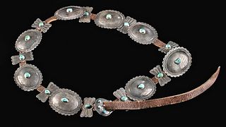 20th C. Navajo Silver, Turquoise & Leather Concha Belt
