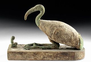 Egyptian Gesso'd Wood / Bronze Sacred Ibis + Worshipper