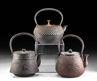 Lot of Three 19th C. Japanese Iron Teapots