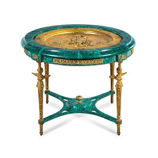 An Empire Style Gilt Bronze Mounted and Malachite Veneered Low Center Table