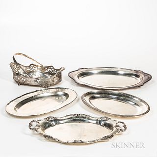 Three Silver-plated Trays, a Sterling Silver Footed Basket, and a Sterling Silver Tray