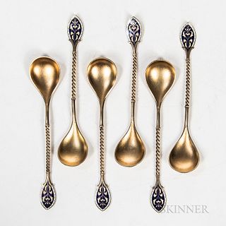 Six German Sterling Silver and Enameled Egg Spoons