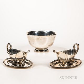 Sterling Silver Revere Reproduction Bowl and a Pair of German .835 Silver Sauceboats and Undertrays