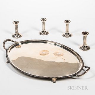Four English Sterling Silver Weighted Candlesticks and a Silver-plated Tray