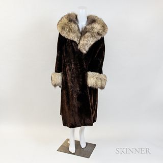 Georgeou Beaver Fur Mid-length Coat with White Fox Fur Collar and Cuffs
