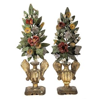 Pair Italian Gilt Wood Altar Urns with Tole Flowers