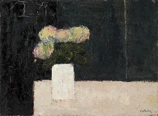 Bernard Cathelin
(French, 1919-2004)
Nature morte grise et noire aux hortensias, 1995