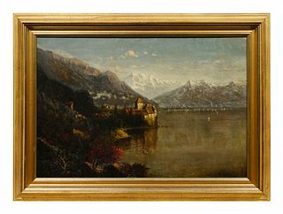 George Loring Brown
(American, 1814-1889)
Morning, View of the Chillon Castle, Switzerland, the Alps in the Distance, c. 1882-83