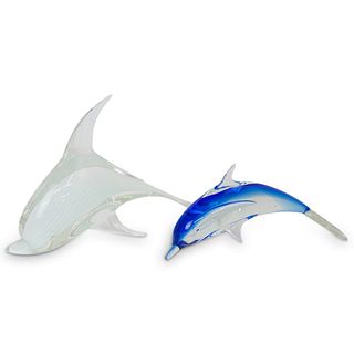 (2 Pc) Signed Murano Glass Dolphins