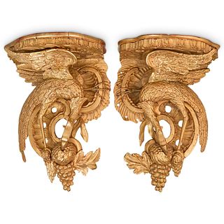 (2 Pc) French Antique Giltwood Phoenix Wall Brackets