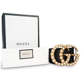 Gucci GG Black Leather Pearl Embellished Belt