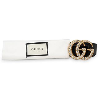 Gucci GG Black Leather Rhinestone Embellished Belt
