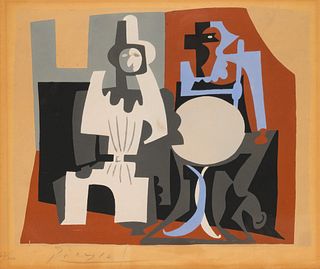 After Pablo Picasso(Spanish, 1881-1973)Pierrot et Arlequin a la Terrasse de Cafe(from Dix Pochoirs), ca. 1920