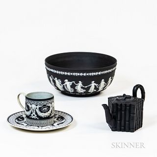 Wedgwood Black Jasper Dip Bowl, Cup, Saucer and Black Teapot