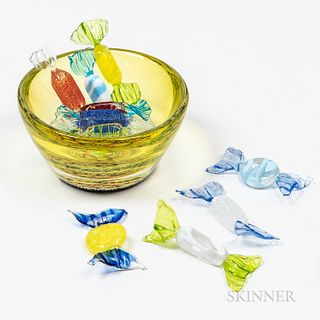 Murano Uranium Glass Millefiori Candy Dish and Ten Glass Candies