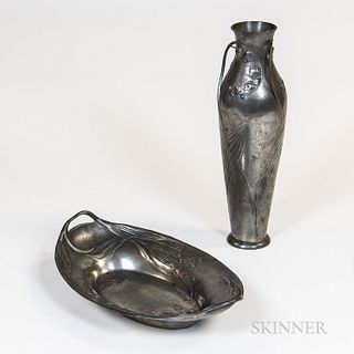 Large Kayserzinn Art Nouveau Pewter Vase and Platter