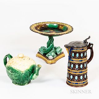 Three Majolica Glazed Ceramic Table Items