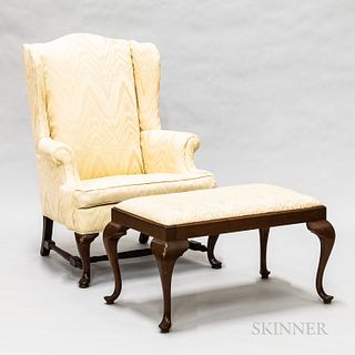 Queen Anne-style Upholstered Mahogany Wing Chair