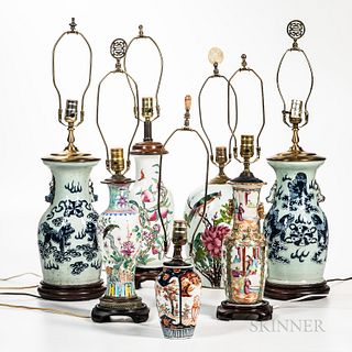Six Chinese Porcelain Vase/Lamps and a Japanese-style Vase/Lamp