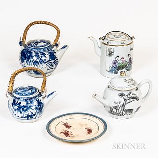 Four Chinese Export Porcelain Teapots and a Plate