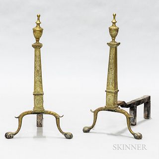 Pair of Engraved Brass Urn-topped Andirons