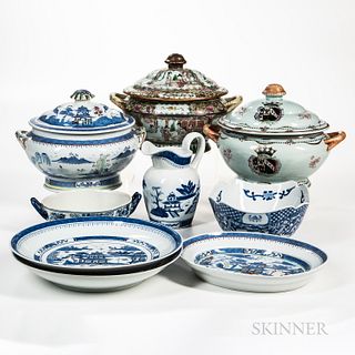 Nine Chinese Export-style Tureens, Bowl, and Platters