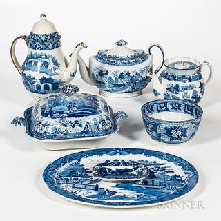 Seven Pieces of Blue and White Staffordshire Pottery Tableware