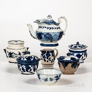 Seven Pieces of White and Blue Pearlware Tableware