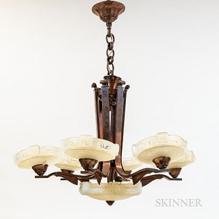 Art Deco Copper and Molded Glass Chandelier