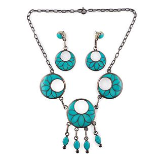 Frank Vacit
(Zuni, 1915-1999)
Silver and Turquoise Channel Inlay Necklace and Post Earring Set