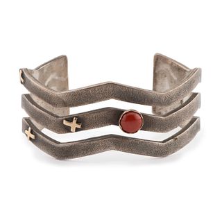 Kee Yazzie
(Dine, b. 1969)
Silver Cuff Bracelet Accented with 14k Gold and Coral