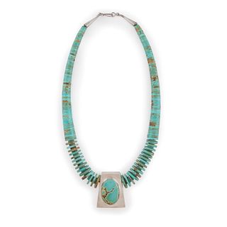 Jimmy Calabaza, Ca'Win
(Kewa, 20th century)
Lone Mountain Rolled Turquoise Necklace, with Sterling Silver Pendant