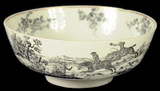 A WORCESTER BOWL, C1765  printed onglaze in black with The Fox Hunt engraved by Robert Hancock, 20.