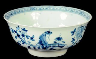 A WORCESTER BOWL, C1770  painted in underglaze blue with a version of the Zig-Zag Fence pattern,