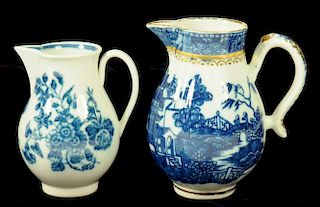TWO CAUGHLEY CREAM JUGS, C1777-99 AND C1782-92  transfer printed in underglaze blue with the Three