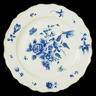 A BOW PLATE, C1758-65 finely printed in underglaze blue with flower sprays and insects, 20cm diam,