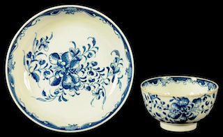 A LOWESTOFT TEA BOWL AND SAUCER, C1780   painted in underglaze blue with the Mansfield pattern,