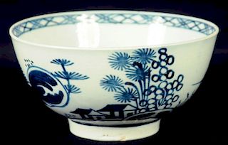 A LIVERPOOL BOWL, JAMES PENNINGTON, C1767-70 painted in underglaze blue with a Chinese landscape,