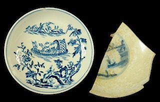 A LOWESTOFT SAUCER AND A WASTER FROM THE FACTORY SITE, C1770-75 AND C1765-70  the saucer transfer