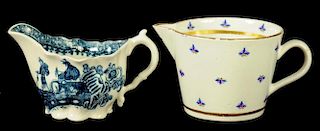A CAUGHLEY CHELSEA EWER AND POLYCHROME CREAM JUG, C1780-90  the first transfer printed in underglaze