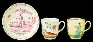 AN EARLY WORCESTER POLYCHROME COFFEE CUP, C1753-54, A  SAUCER, C1770 AND A COFFEE CUP, LATER