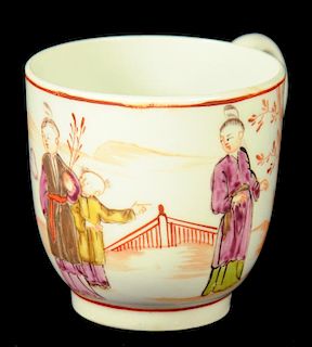 A LOWESTOFT POLYCHROME COFFEE CUP, C1775-80 decorated with a Chinese Mandarin type pattern, 6cm h ++