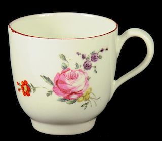 A CHELSEA COFFEE CUP, RED ANCHOR PERIOD, C1756 painted with a loose bouquet and scattered flowers,