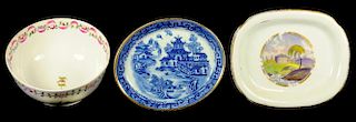 TWO NEW HALL TEAPOT STANDS AND A SLOP BASIN, C1810-25  printed in blue or bat printed and painted,