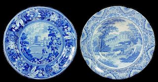 A BLUE PRINTED EARTHENWARE PLATE WITH A VIEW OF BELVOIR CASTLE AND A HEATHCOTE & CO BLUE PRINTED