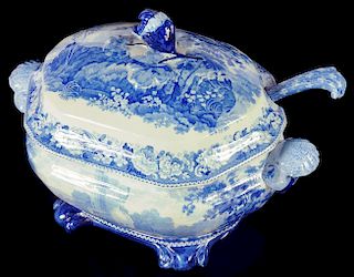 A BLUE PRINTED EARTHENWARE ANTIQUE SCENERY SERIES CAISTER CASTLE NORFOLK PATTERN  SOUP TUREEN AND